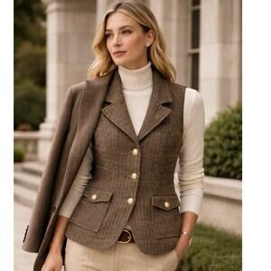 Bagatelle Collection Brown Herringbone Vest Wool Blend Women’s M Old Money